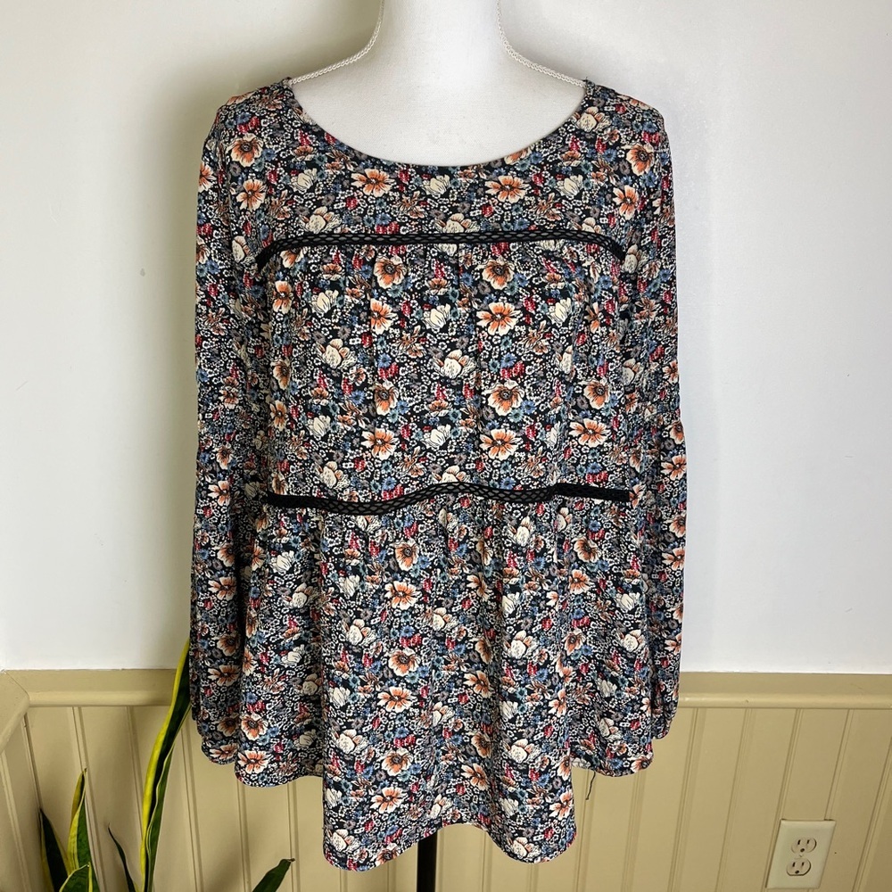 Knox Rose Floral Peplum Top Long Sleeve Boho Cottagecore Size L